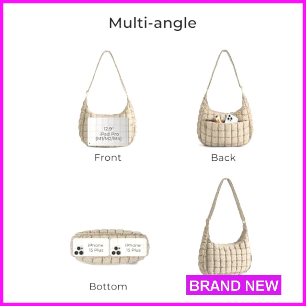 Quilted Puffy Crossbody Hobo Bag Adjustable Strap Compact Shoulder Handbag - Picture 4 of 7